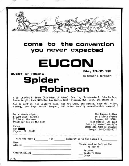 Flyer for the 1983 EUCON science fiction convention in Eugene, Oregon