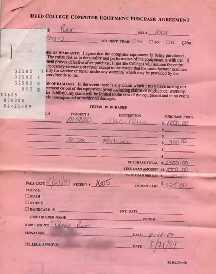Darrel Plant's 1989 Reed College Computer Equipment Purchase Agreement