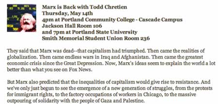 Portland Socialist Organization listing for 'Marx Is Back'