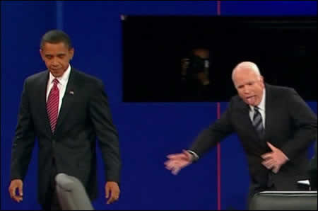 John McCain leaves the stage after the third 2008 presidential debate