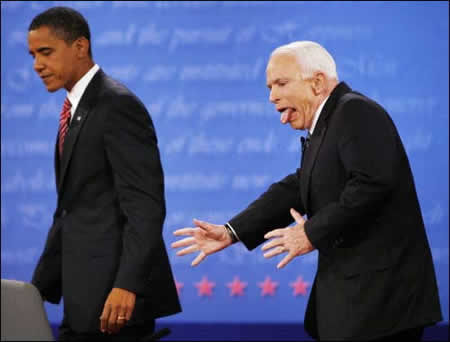 John McCain leaves the stage after the third 2008 presidential debate