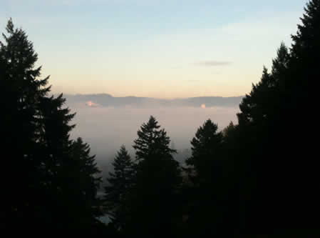 On top of Mt. Tabor, looking toward downtown Portland, 8:24am 13 December 2009